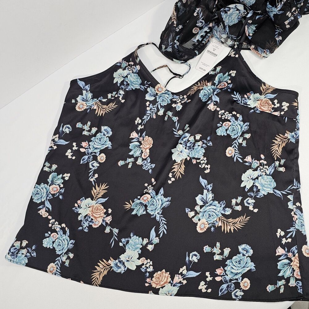 WHBM Black Floral Sheer Peplum Blouse & Camisole Size M Romantic Bell Sleeve - Picture 6 of 9